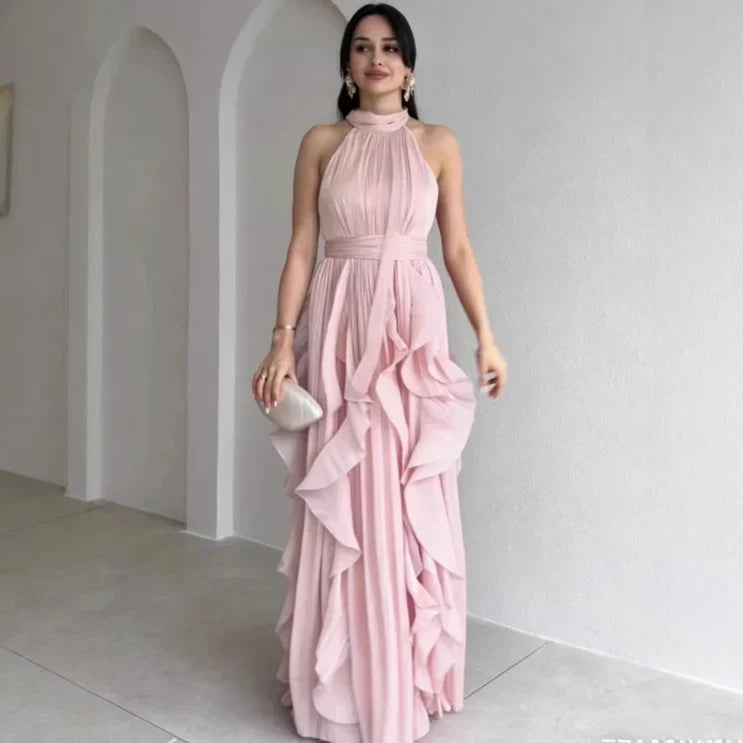 Orea High Neck Gathered Ruffle Layers Maxi Dress
