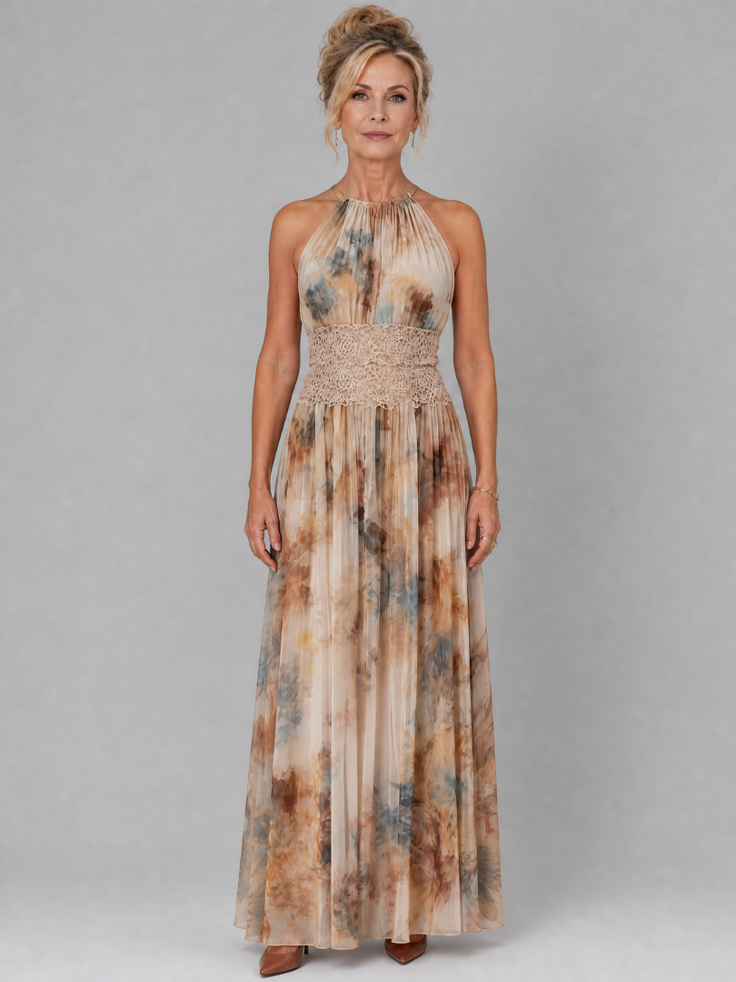 Elavenue Halter Neck Waist Maxi Dress