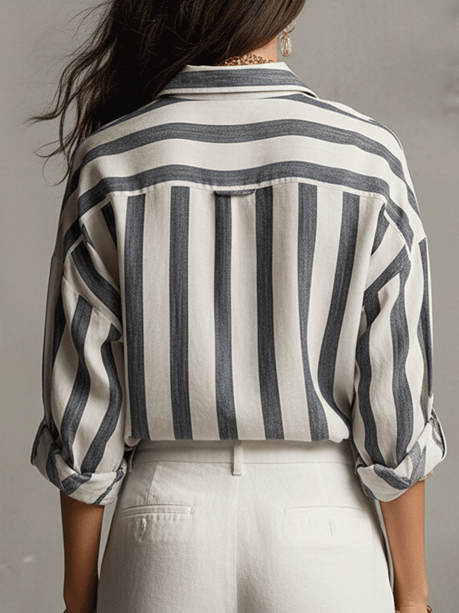 Casual Striped Cotton And Linen Long-Sleeved Shirt