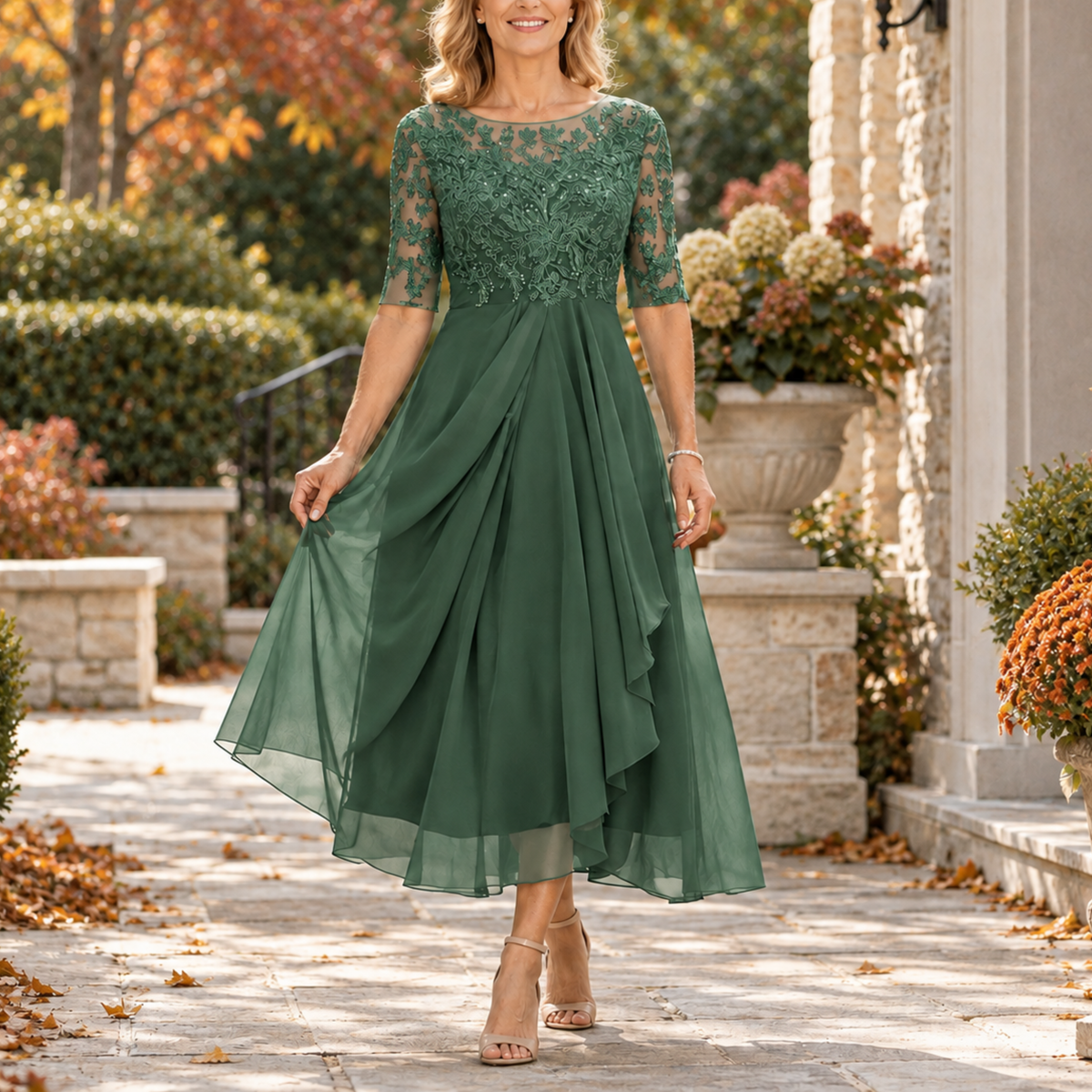 Seraphine Lace Bodice Draped Midi Dress - Emerald Green