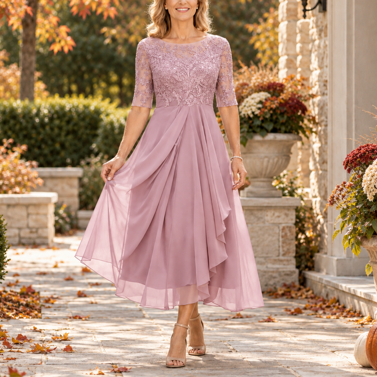 Seraphine Lace Bodice Draped Midi Dress - Blush Pink