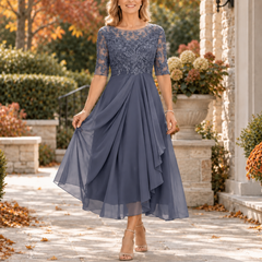 Seraphine Lace Bodice Draped Midi Dress - Slate Grey