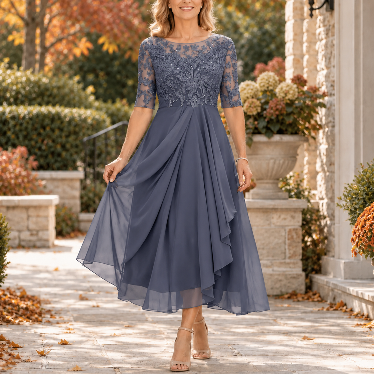 Seraphine Lace Bodice Draped Midi Dress - Slate Grey