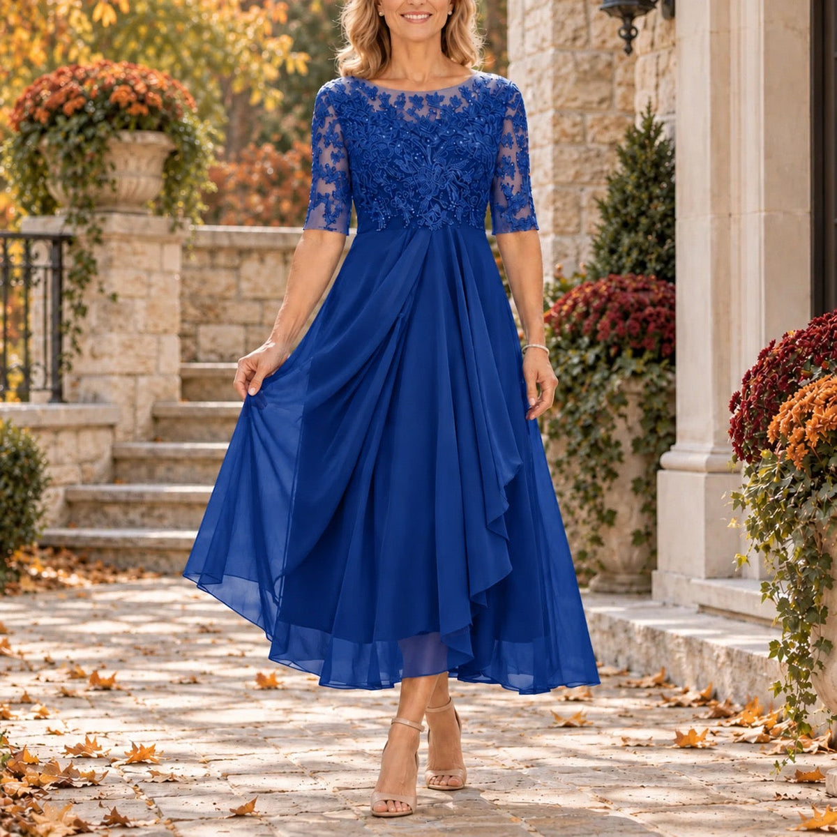 Seraphine Lace Bodice Draped Midi Dress - Royal Blue