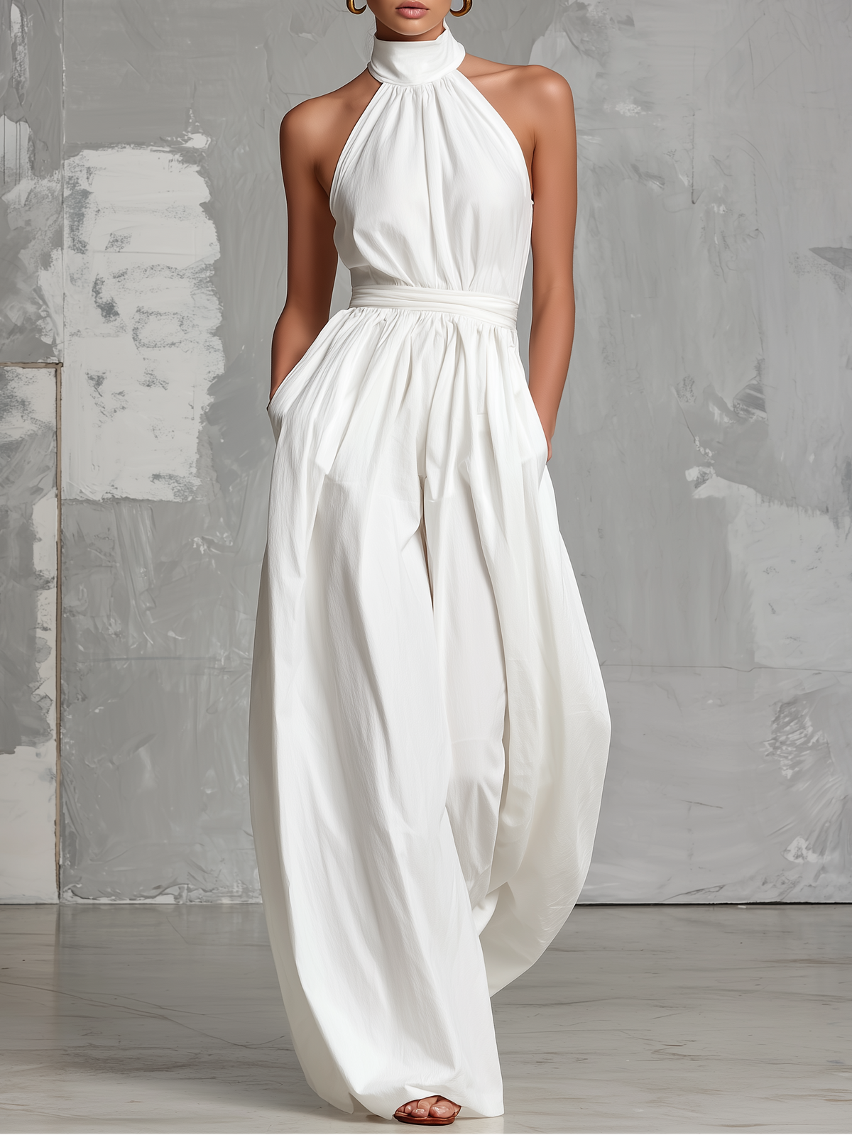 Zoltán | Elegant white woven sleeveless halter-neck jumpsuit