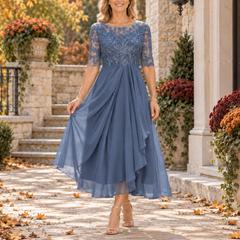 Seraphine Lace Bodice Draped Midi Dress - Dusty Blue