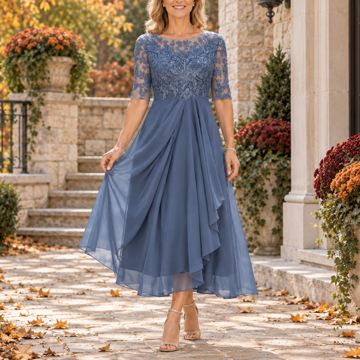 Seraphine Lace Bodice Draped Midi Dress - Dusty Blue
