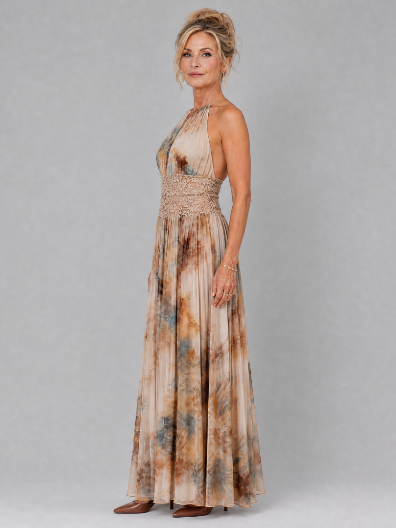 Elavenue Halter Neck Waist Maxi Dress
