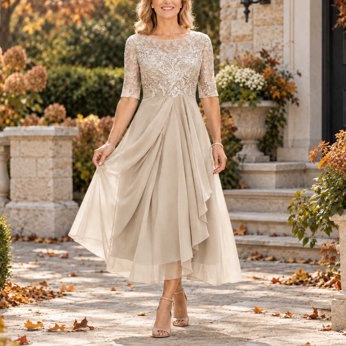 Seraphine Lace Bodice Draped Midi Dress - Ivory