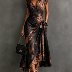 Odette wrap midi dress in Brown abstract print - front