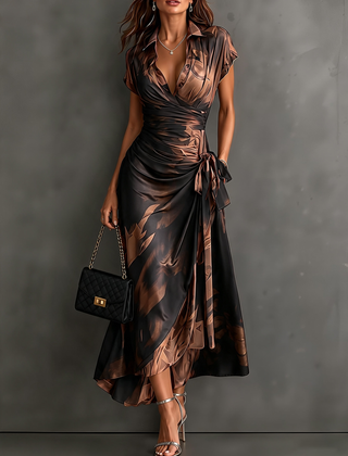 Odette wrap midi dress in Brown abstract print - front