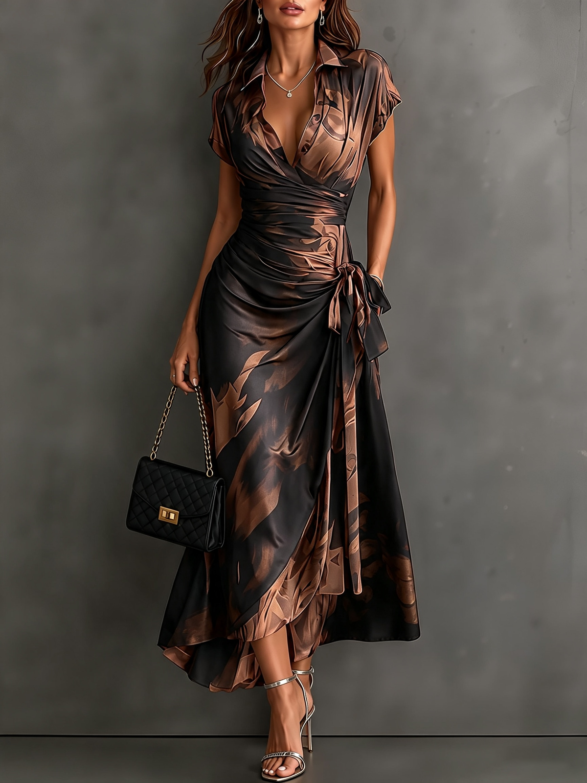 Odette wrap midi dress in Brown abstract print - front