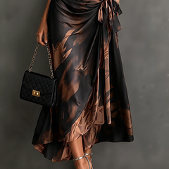 Odette wrap midi dress in Brown abstract print - detail