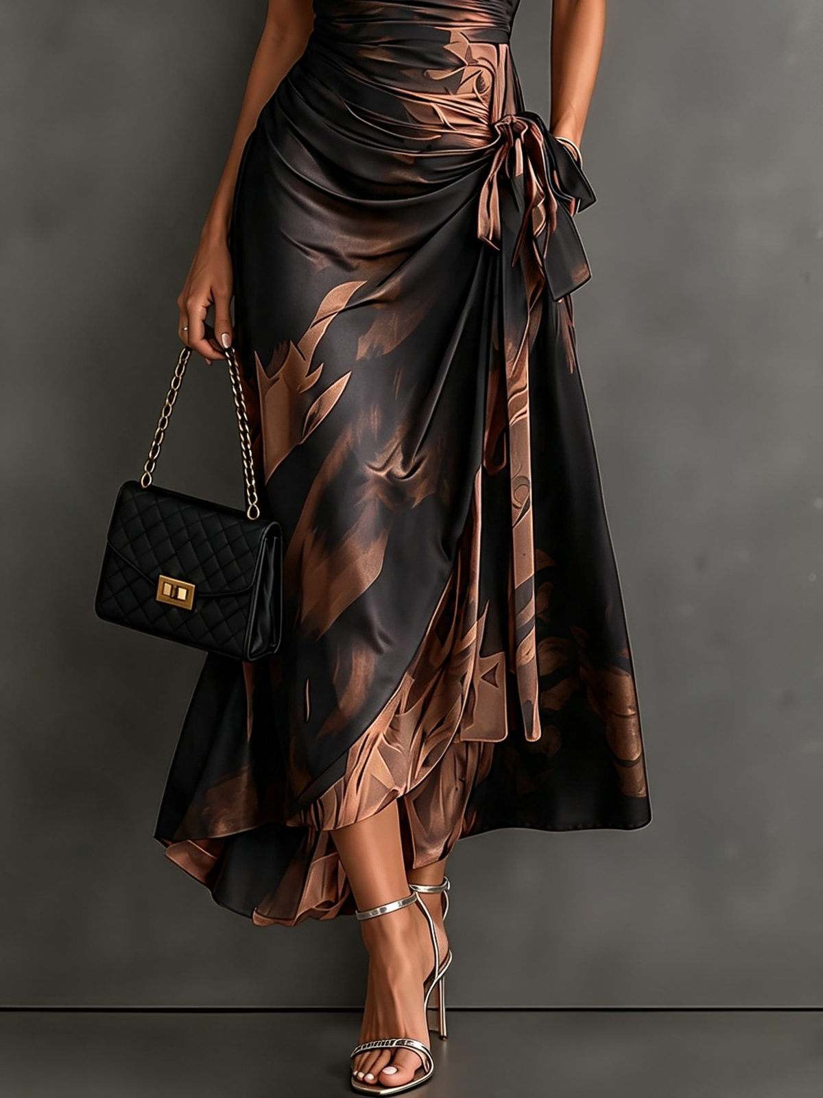 Odette wrap midi dress in Brown abstract print - detail