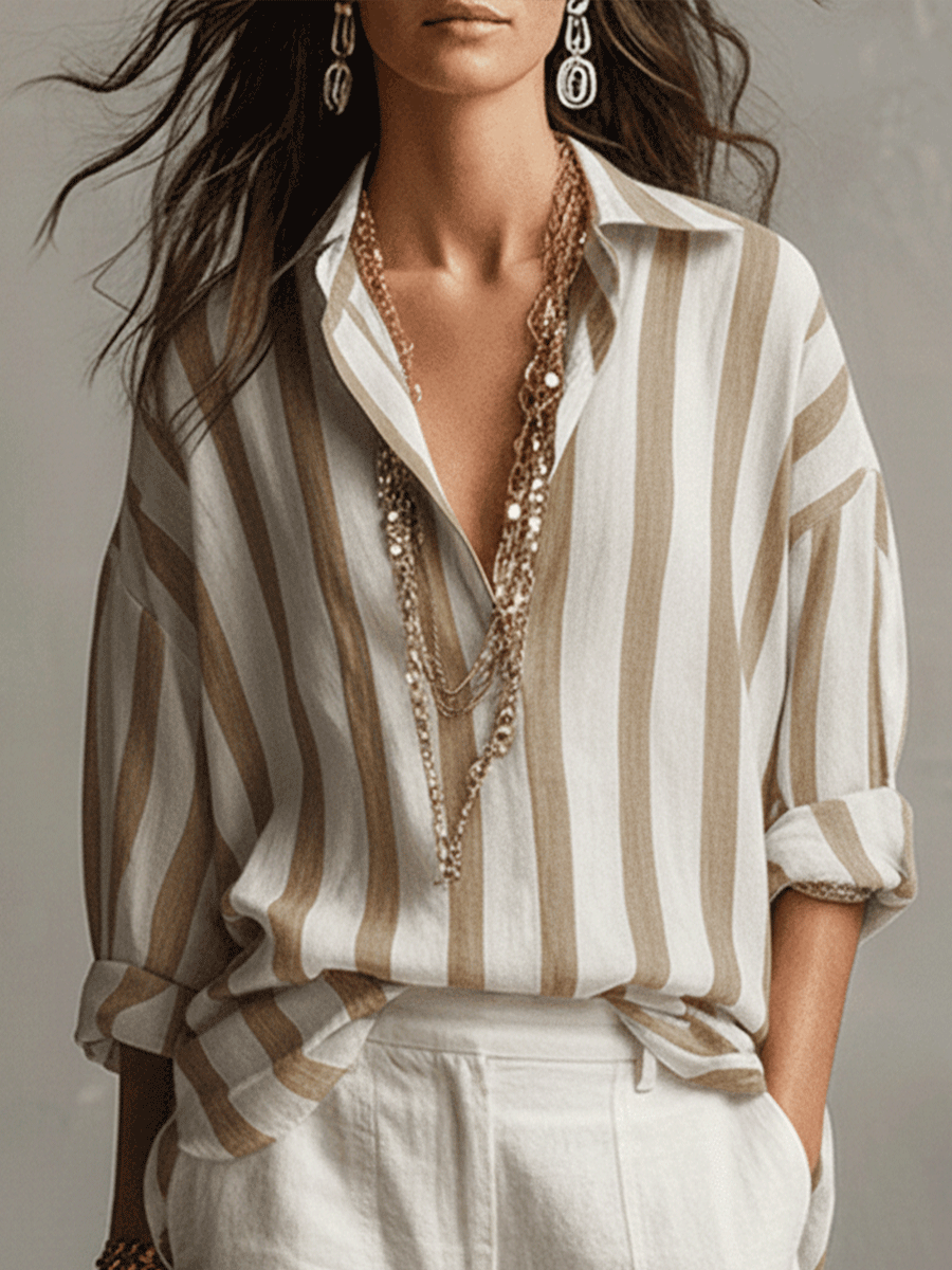 Casual Striped Cotton And Linen Long-Sleeved Shirt