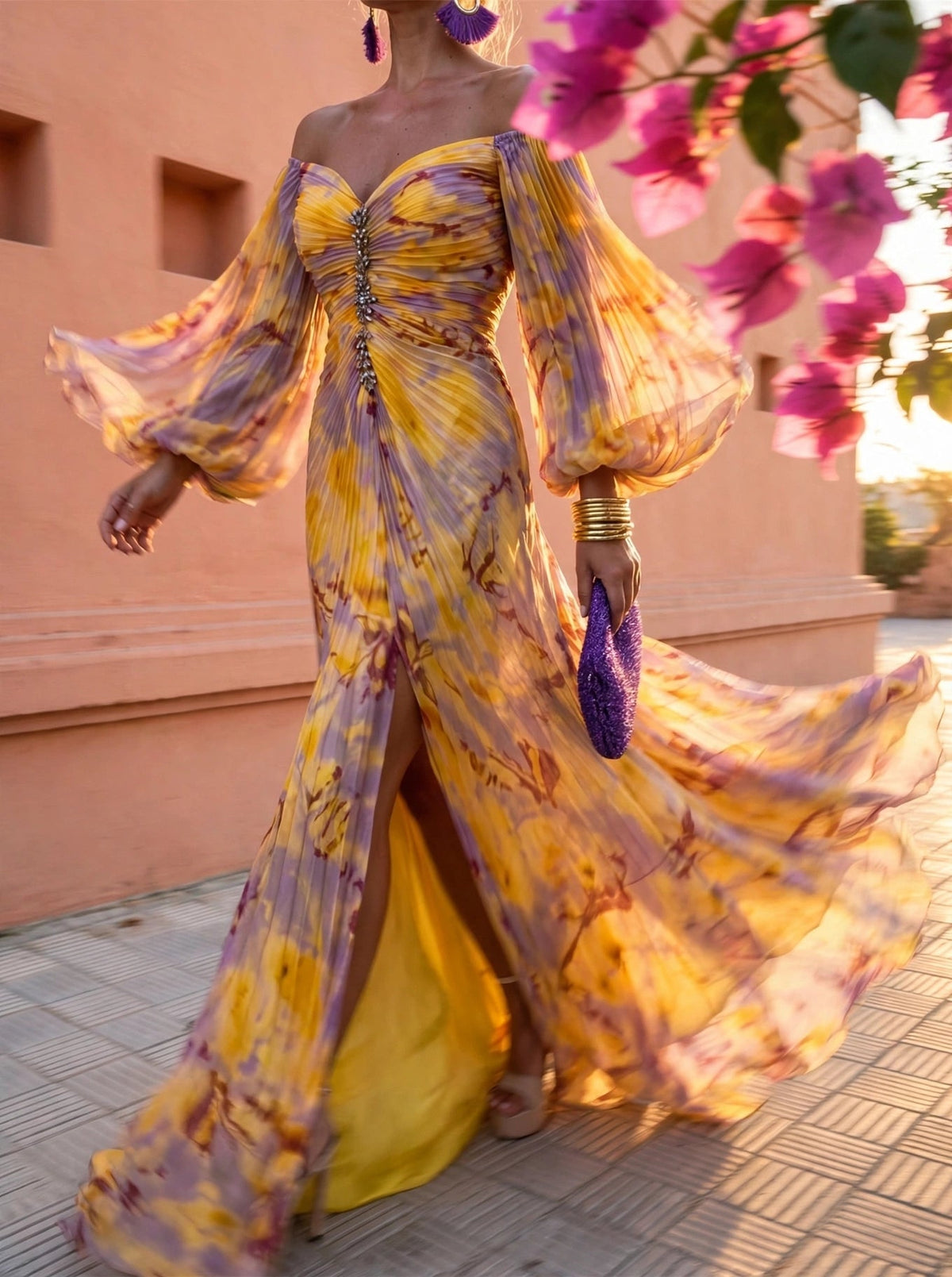 Gregoria™ - Long Floral Dress with Deep Neckline