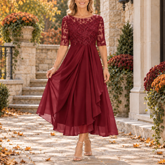 Seraphine Lace Bodice Draped Midi Dress - Burgundy