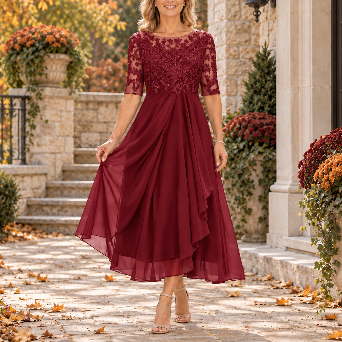 Seraphine Lace Bodice Draped Midi Dress - Burgundy