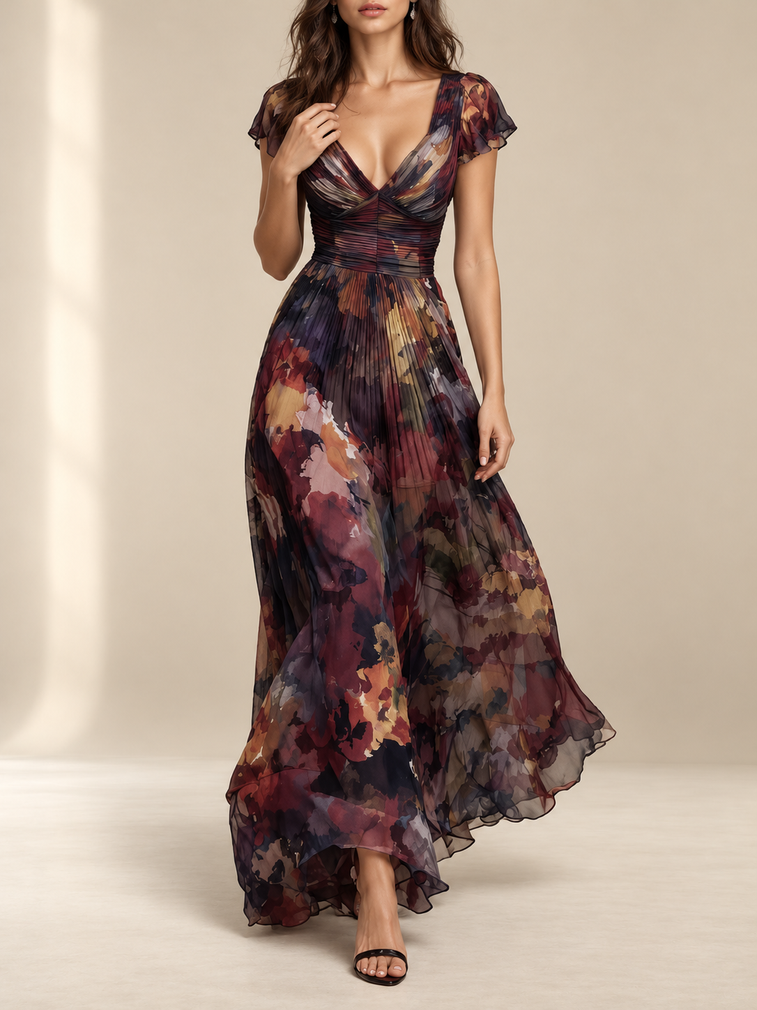 Camellia | Watercolor Floral Pleated Maxi Dress for Women