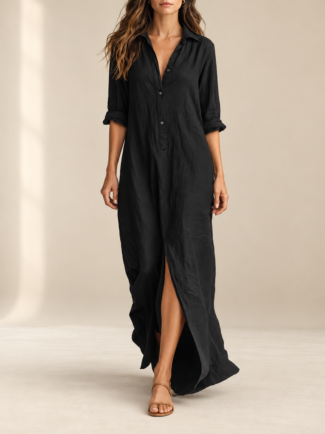 Seraphina™ | Loose Black Maxi Dress with Buttons
