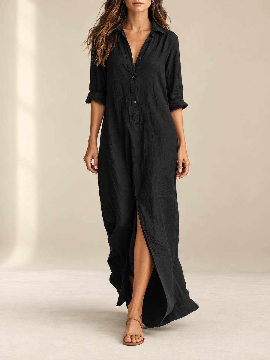 Seraphina™ | Loose Black Maxi Dress with Buttons