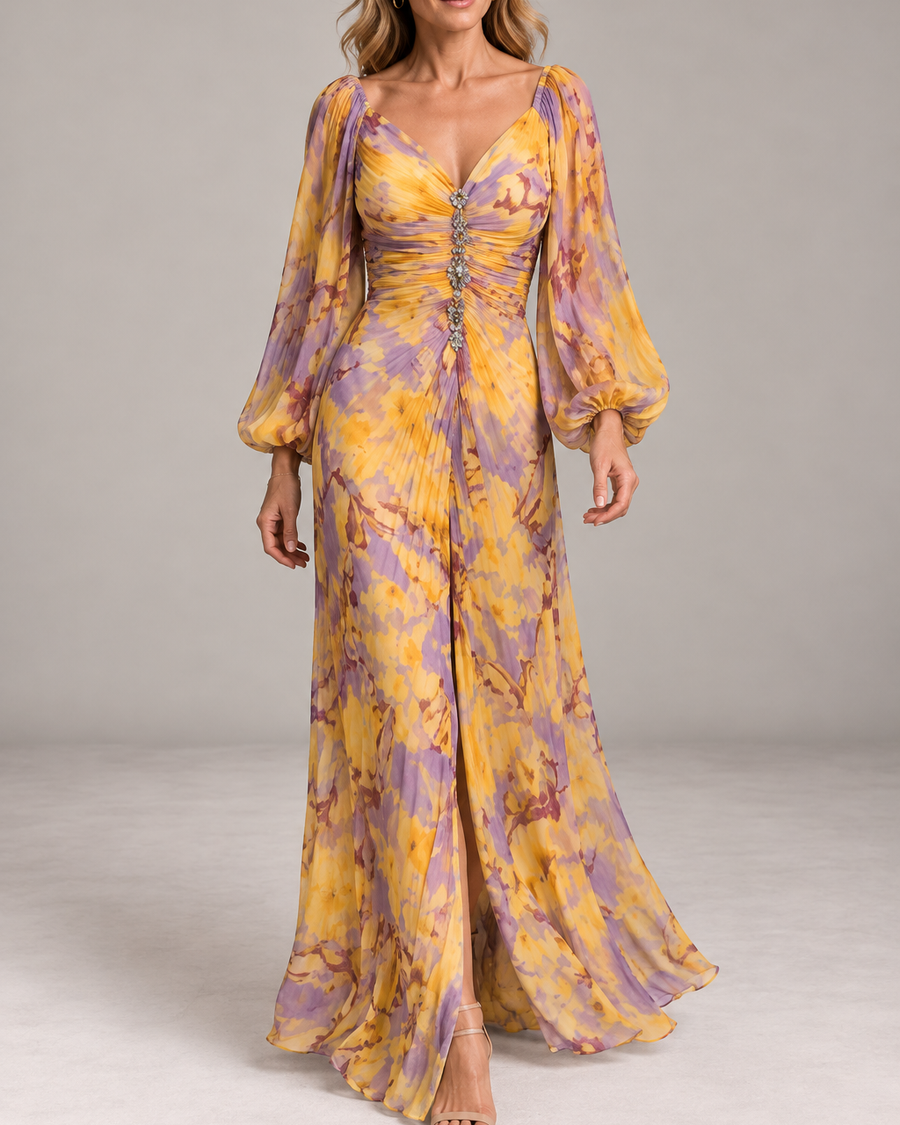 Gregoria™ - Long Floral Dress with Deep Neckline