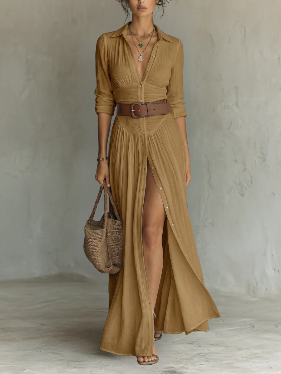 Lisa Maxi Dress with Notched Collar and Long Sleeves for Women