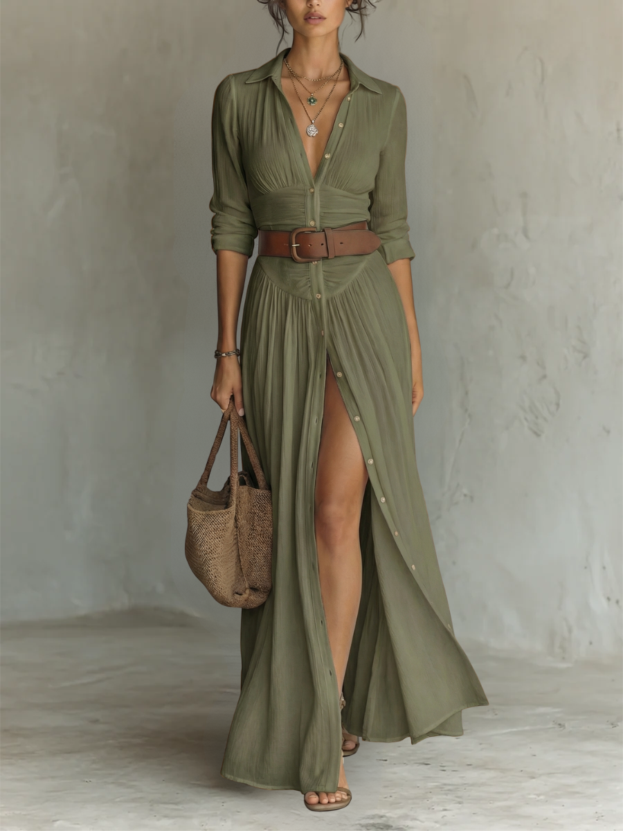 Lisa Maxi Dress with Notched Collar and Long Sleeves for Women
