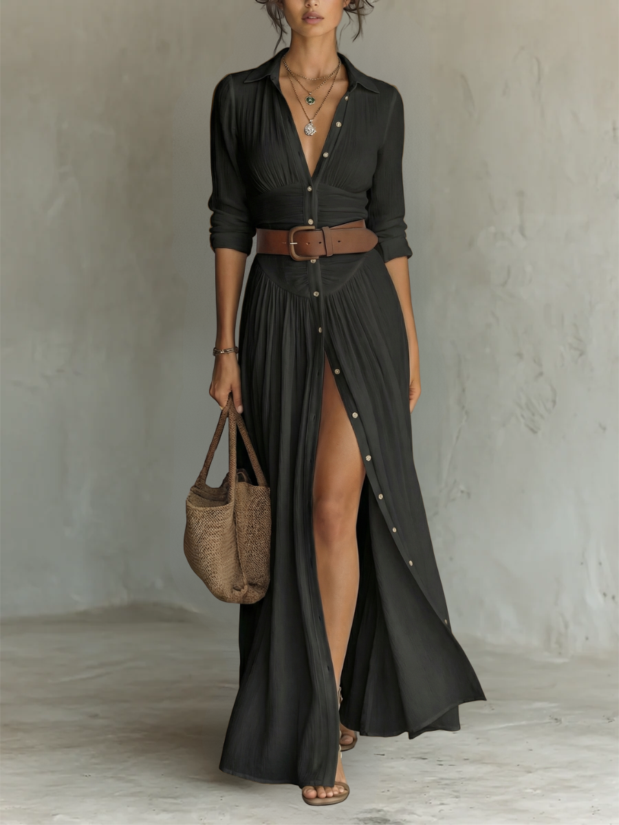 Lisa Maxi Dress with Notched Collar and Long Sleeves for Women