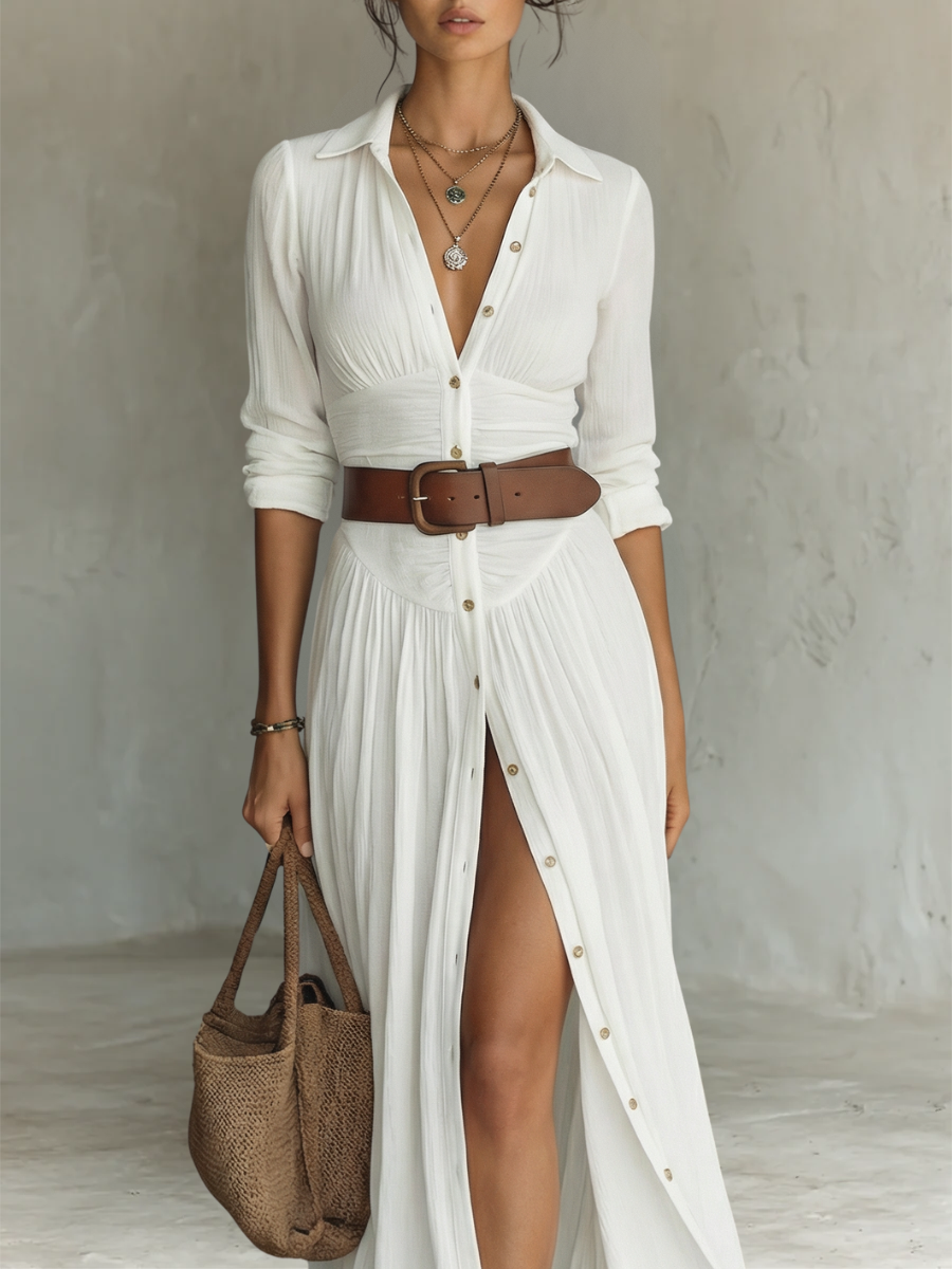Lisa Maxi Dress with Notched Collar and Long Sleeves for Women