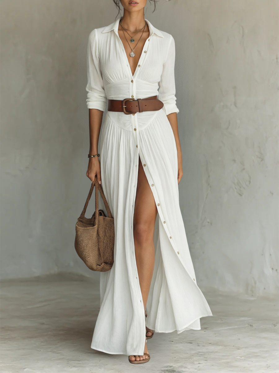 Lisa Maxi Dress with Notched Collar and Long Sleeves for Women