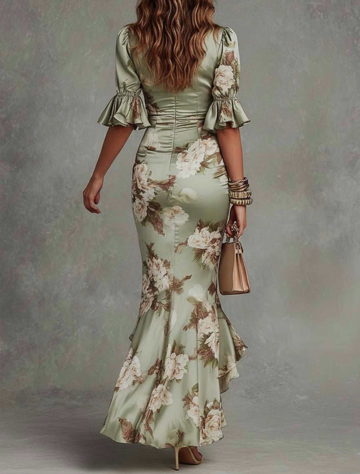 Anna | Asymmetrical Long Dress with V-Neck, Flared Puff Sleeves, and Floral Pattern