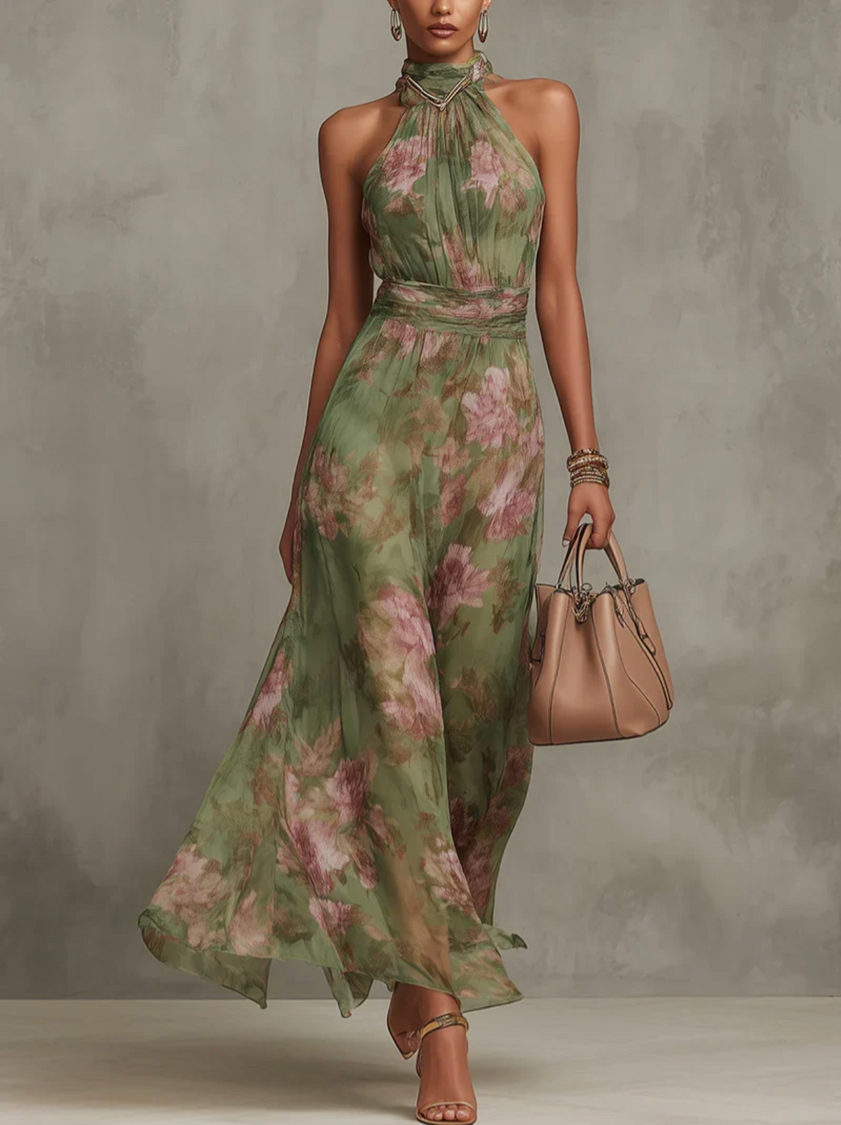 Fiora | Green Floral Chiffon Halter Maxi Dress