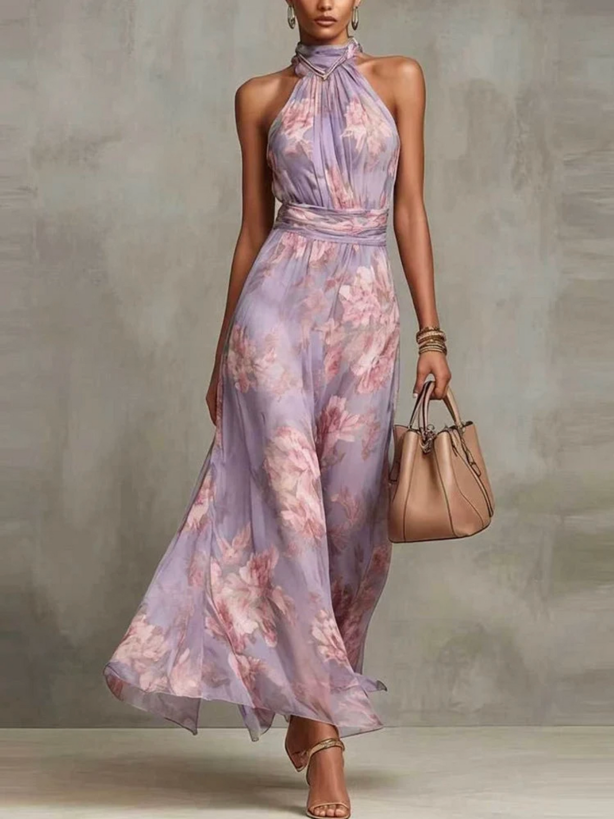 Fiora | Green Floral Chiffon Halter Maxi Dress
