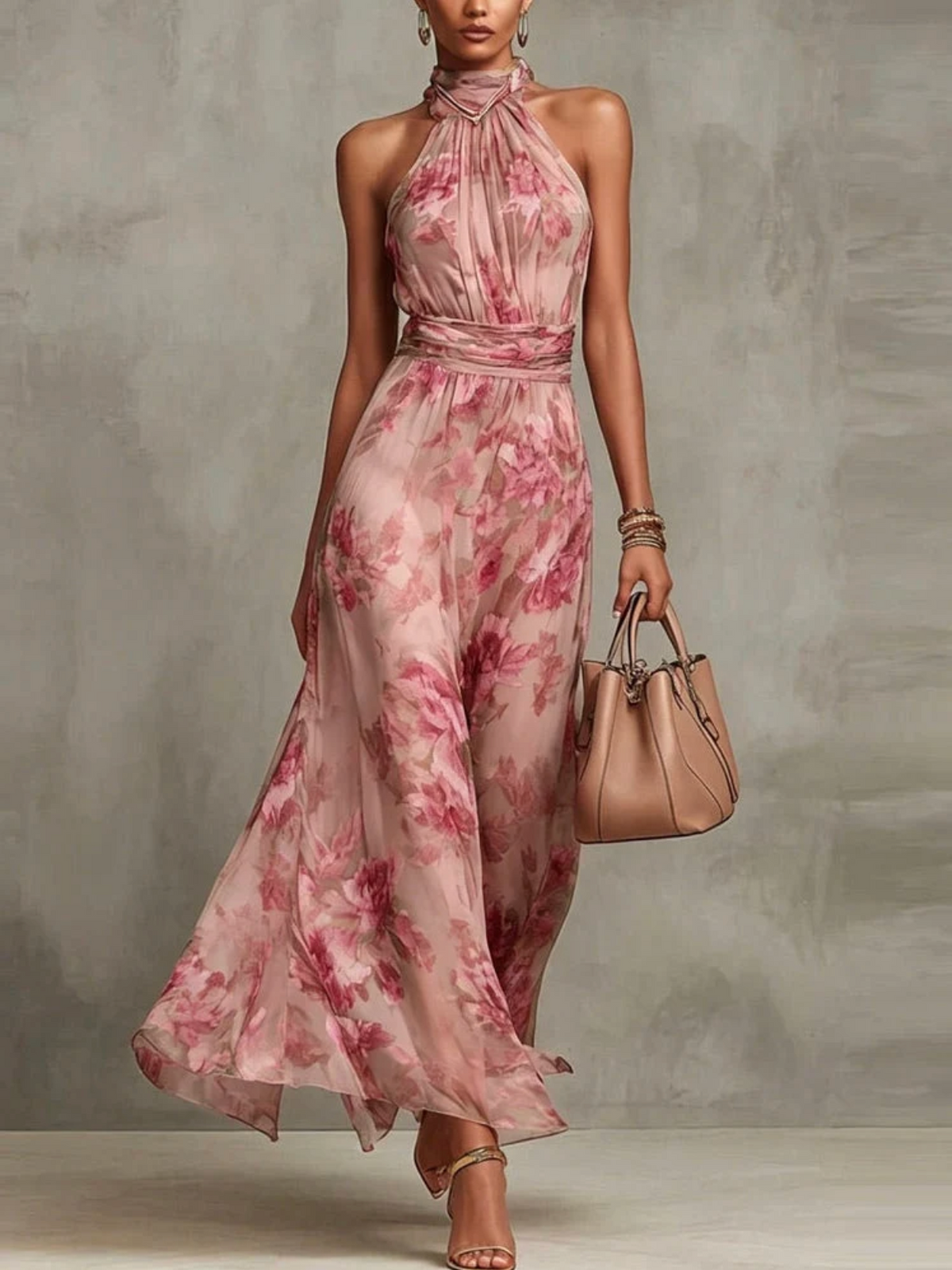 Fiora | Green Floral Chiffon Halter Maxi Dress