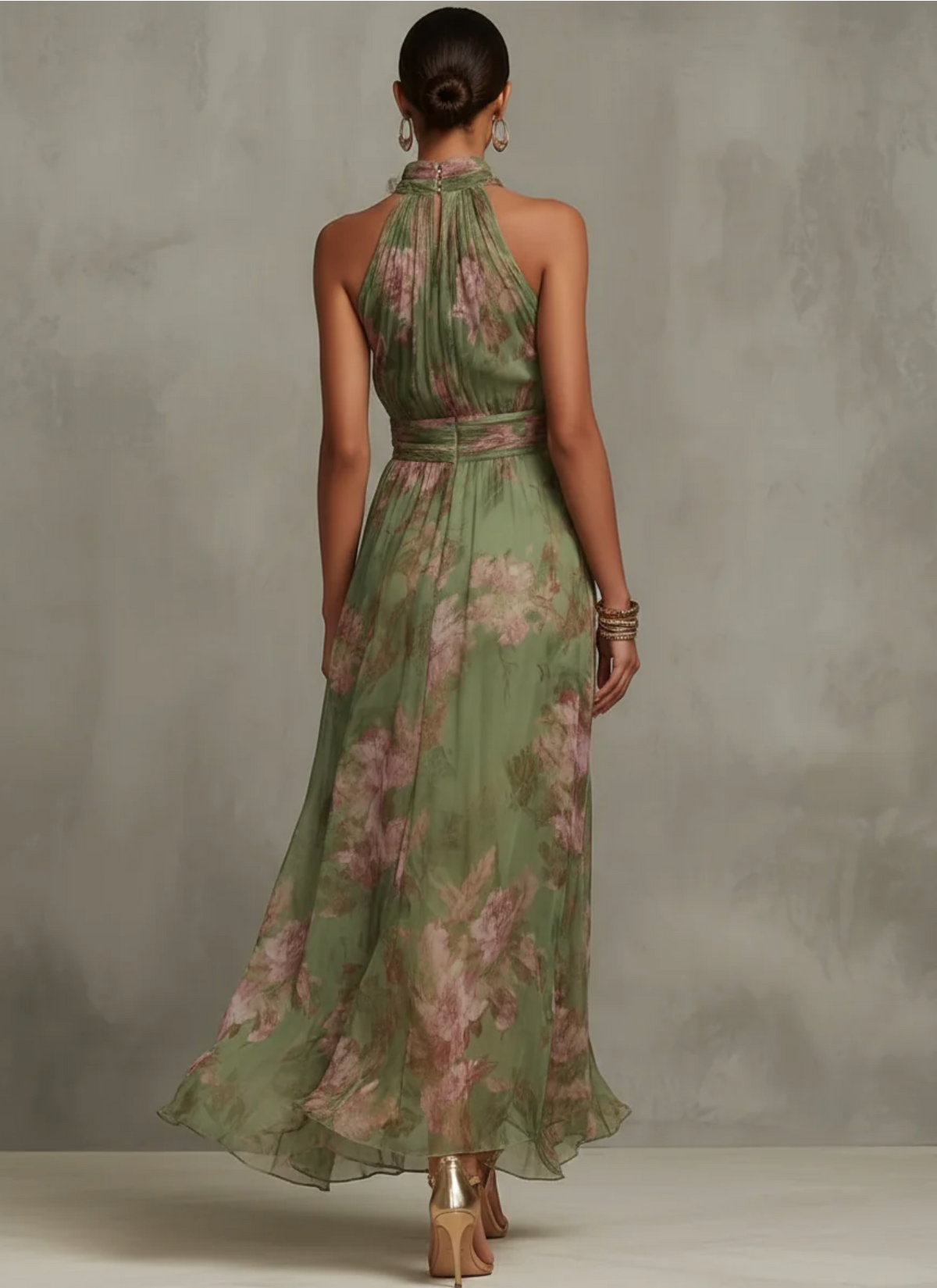 Fiora | Green Floral Chiffon Halter Maxi Dress