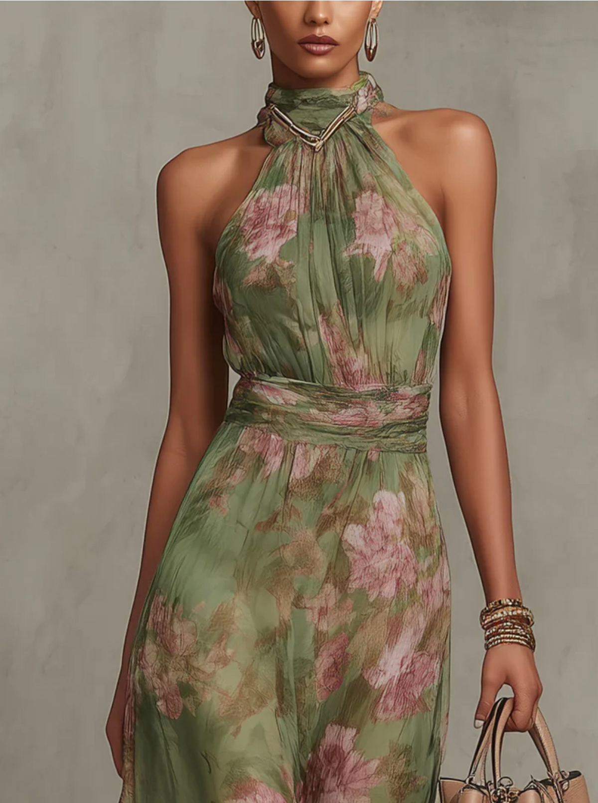 Fiora | Green Floral Chiffon Halter Maxi Dress