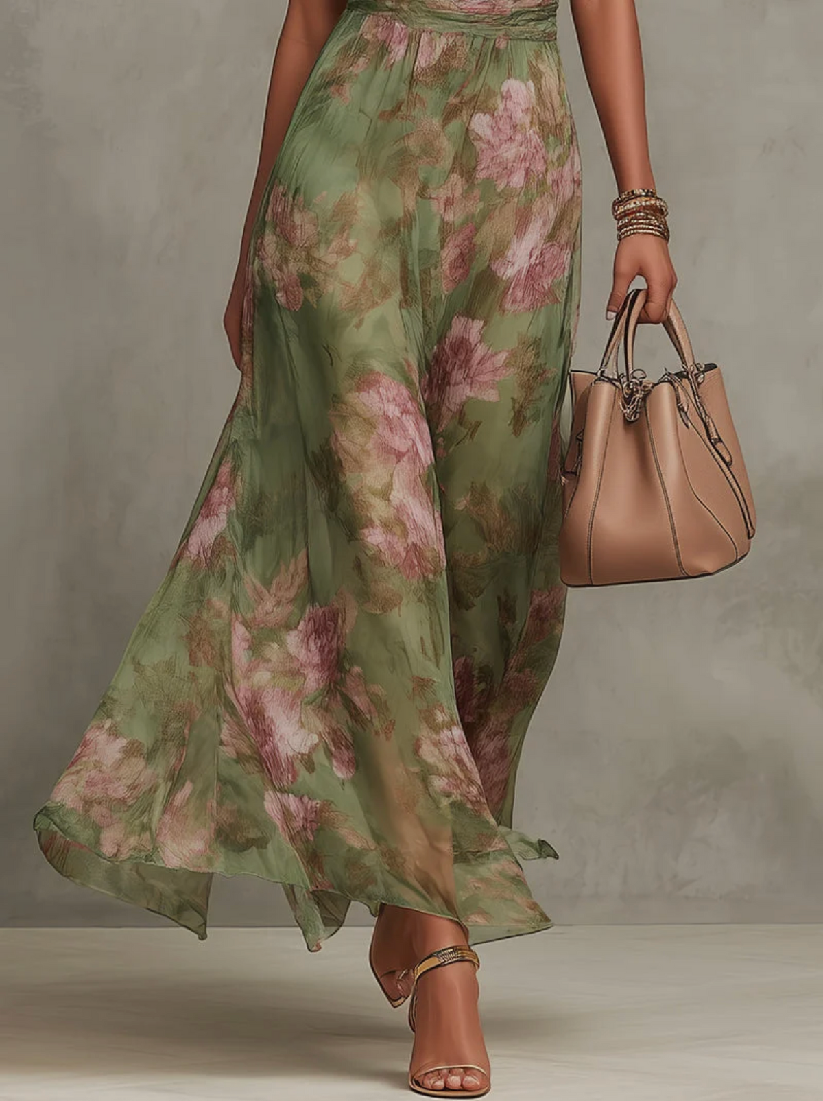 Fiora | Green Floral Chiffon Halter Maxi Dress