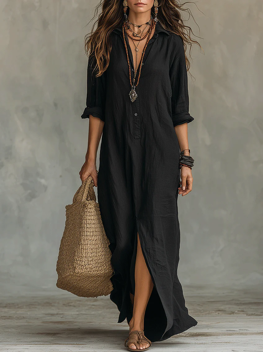 Solina™ | Loose Black Maxi Dress with Buttons