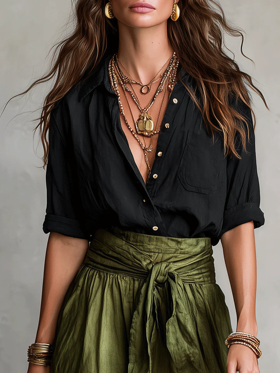 MEADOW | Two-Piece Set: Black Top and Olive Green Midi Skirt