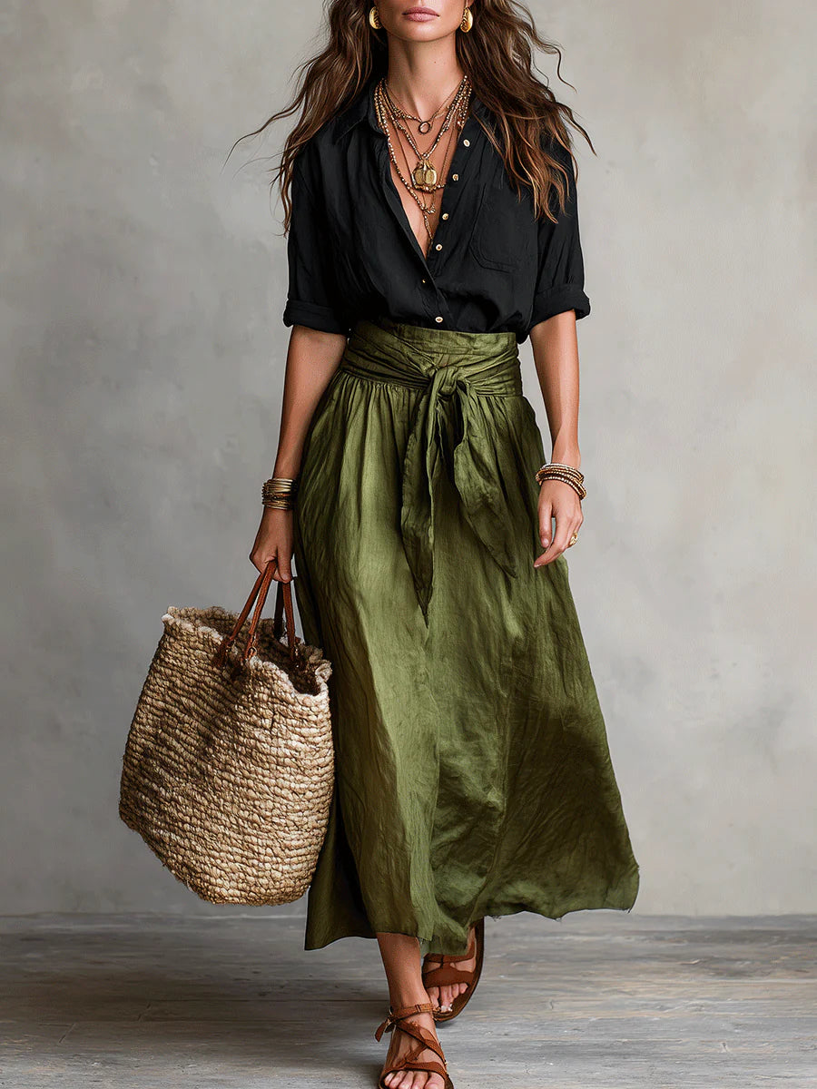 MEADOW | Two-Piece Set: Black Top and Olive Green Midi Skirt