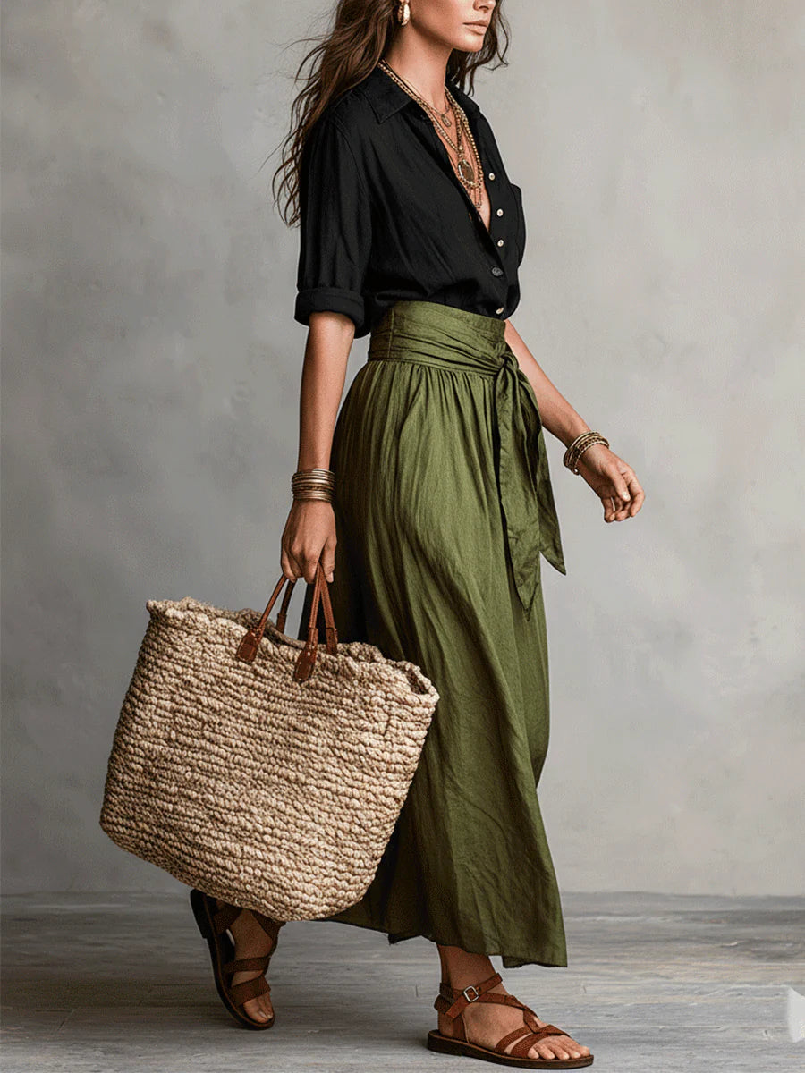 MEADOW | Two-Piece Set: Black Top and Olive Green Midi Skirt
