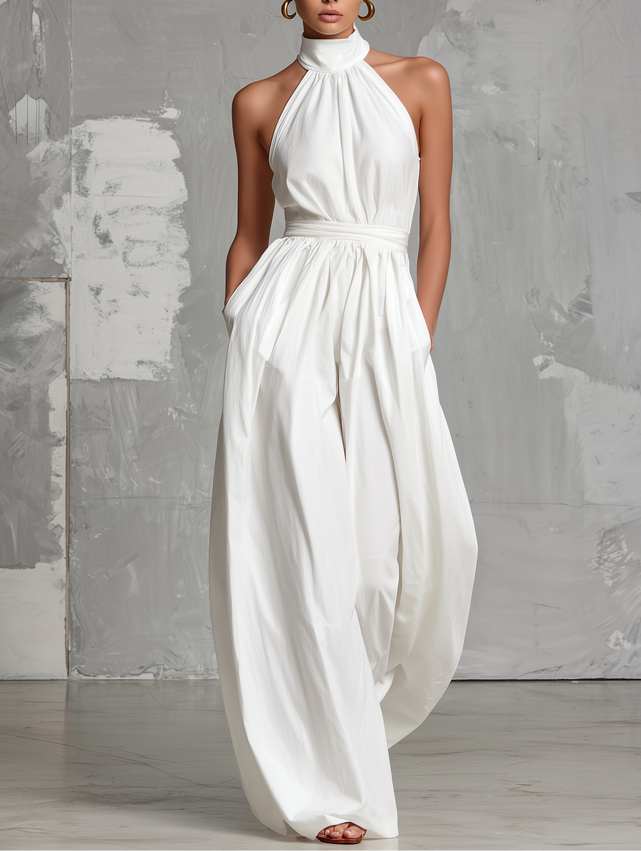 Zoltán | Elegant white woven sleeveless halter-neck jumpsuit