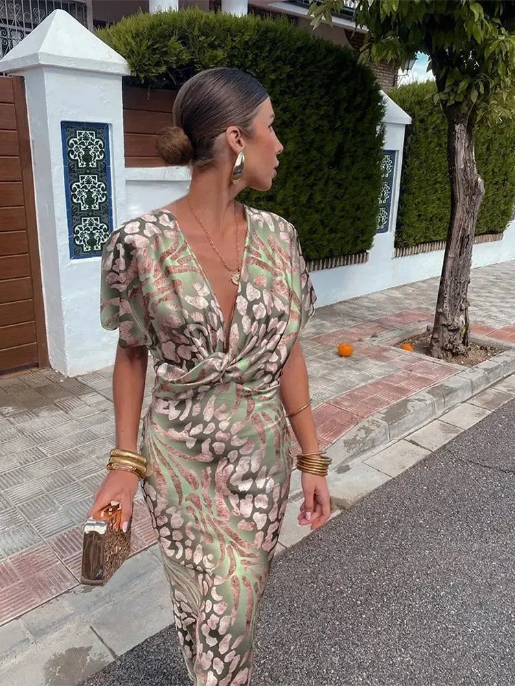Cordelia™ - Elegant Copper Print Midi Dress