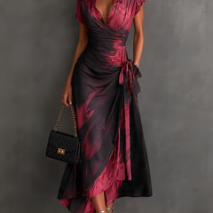Odette wrap midi dress in Red abstract print - front